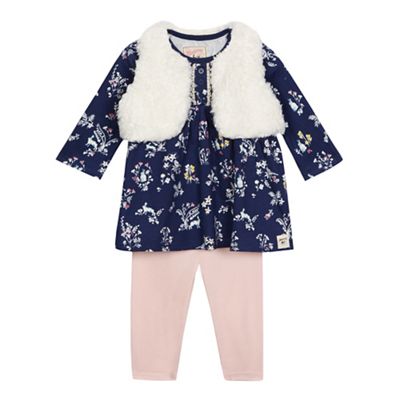Mantaray Baby girls' navy floral print top, cream gilet and pink leggings set